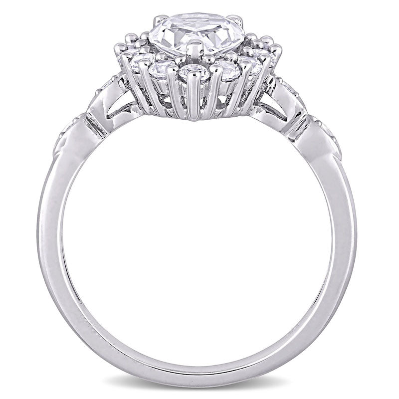 Pear-Shaped White Lab-Created Sapphire and Diamond Accent Frame Art Deco Engagement Ring in Solid 10K White Gold