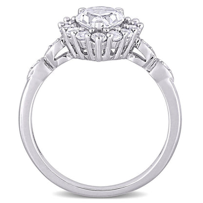 Pear-Shaped White Lab-Created Sapphire and Diamond Accent Frame Art Deco Engagement Ring in Solid 10K White Gold