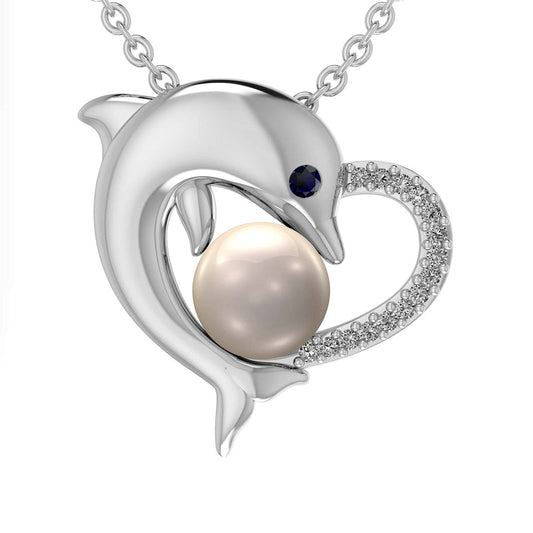 Cultured Freshwater Pearl, Lab-Created Blue Sapphire and 0.05 CT. T.W. Diamond Dolphin Heart Pendant in Sterling Silver