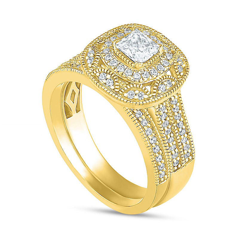 0.75 CT. T.W. Princess-Cut Natural Diamond Frame Antique Vintage-Style Bridal Engagement Ring Set in Solid 10K Yellow Gold