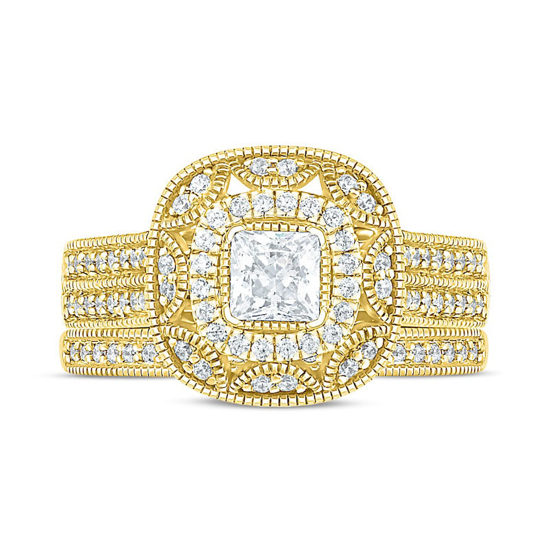 0.75 CT. T.W. Princess-Cut Natural Diamond Frame Antique Vintage-Style Bridal Engagement Ring Set in Solid 10K Yellow Gold