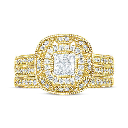 0.75 CT. T.W. Princess-Cut Natural Diamond Frame Antique Vintage-Style Bridal Engagement Ring Set in Solid 10K Yellow Gold