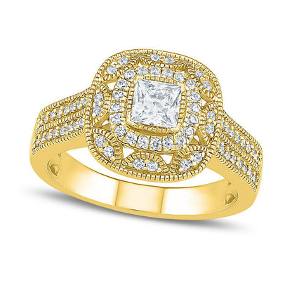 0.75 CT. T.W. Princess-Cut Natural Diamond Frame Antique Vintage-Style Bridal Engagement Ring Set in Solid 10K Yellow Gold