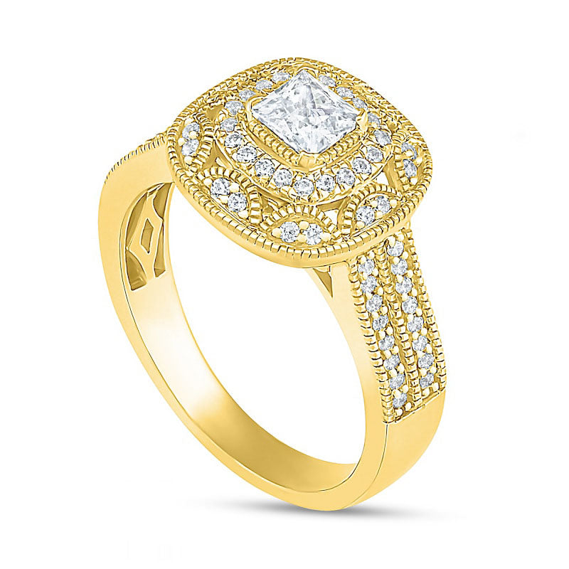 0.75 CT. T.W. Princess-Cut Natural Diamond Frame Antique Vintage-Style Bridal Engagement Ring Set in Solid 10K Yellow Gold