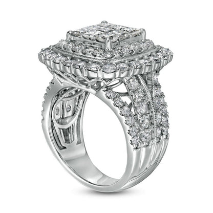 4 CT. T.W. Composite Cushion-Shaped Natural Diamond Frame Antique Vintage-Style Engagement Ring in Solid 10K White Gold