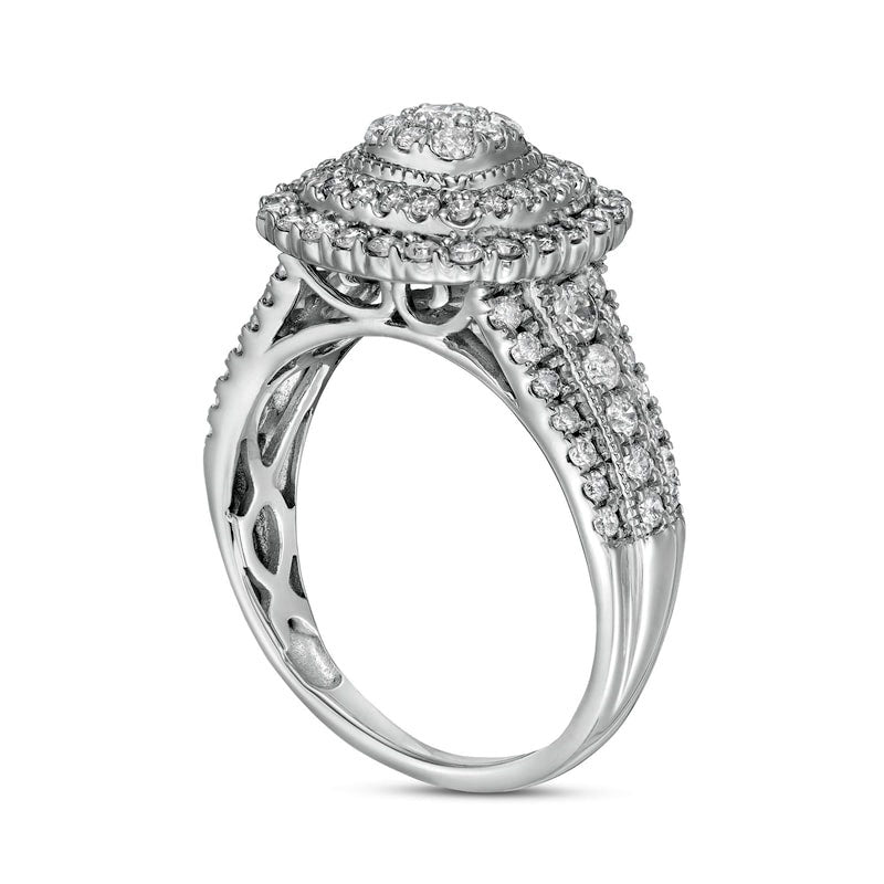 1.0 CT. T.W. Natural Diamond Triple Cushion-Shaped Frame Antique Vintage-Style Engagement Ring in Solid 10K White Gold