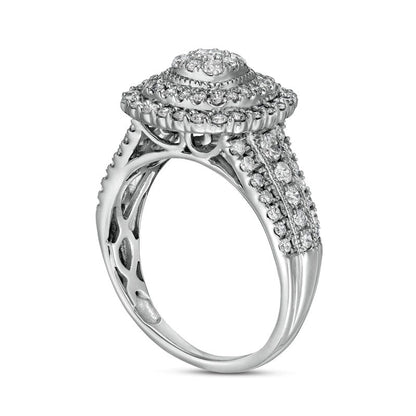 1.0 CT. T.W. Natural Diamond Triple Cushion-Shaped Frame Antique Vintage-Style Engagement Ring in Solid 10K White Gold