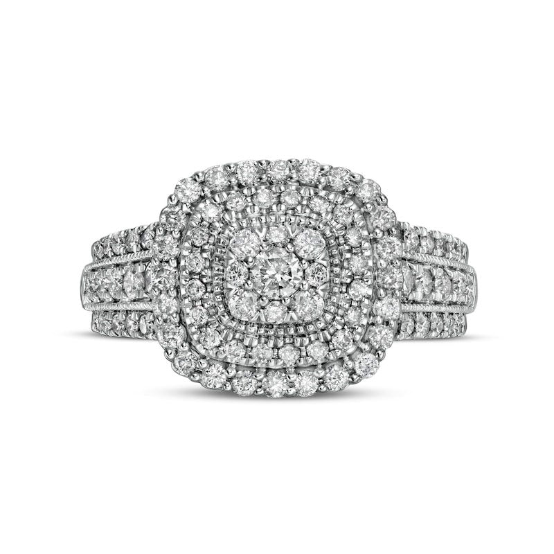 1.0 CT. T.W. Natural Diamond Triple Cushion-Shaped Frame Antique Vintage-Style Engagement Ring in Solid 10K White Gold
