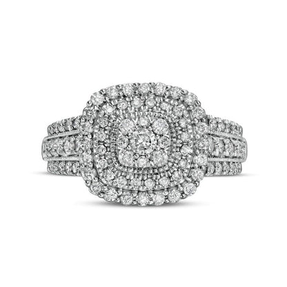 1.0 CT. T.W. Natural Diamond Triple Cushion-Shaped Frame Antique Vintage-Style Engagement Ring in Solid 10K White Gold