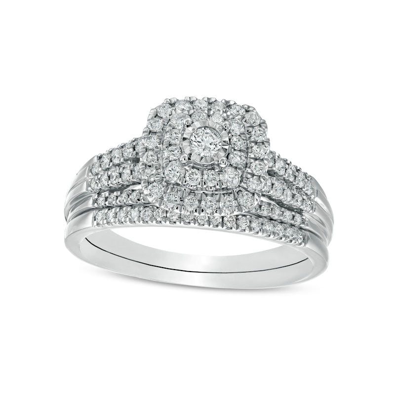 0.50 CT. T.W. Natural Diamond Double Cushion-Shaped Multi-Row Bridal Engagement Ring Set in Solid 10K White Gold