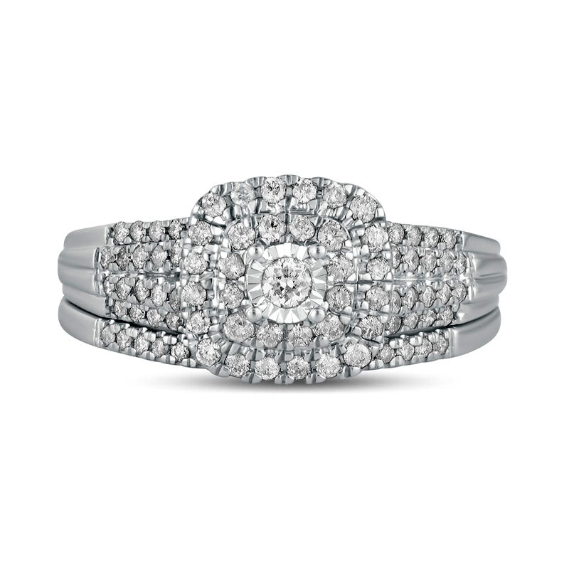 0.50 CT. T.W. Natural Diamond Double Cushion-Shaped Multi-Row Bridal Engagement Ring Set in Solid 10K White Gold