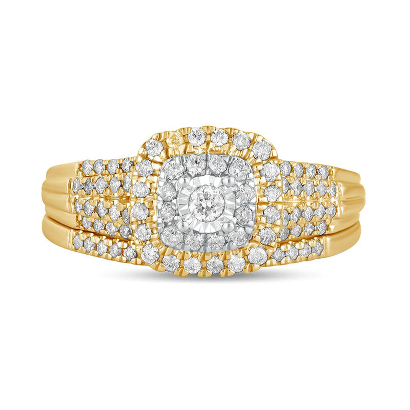 0.50 CT. T.W. Natural Diamond Double Cushion-Shaped Multi-Row Bridal Engagement Ring Set in Solid 10K Yellow Gold