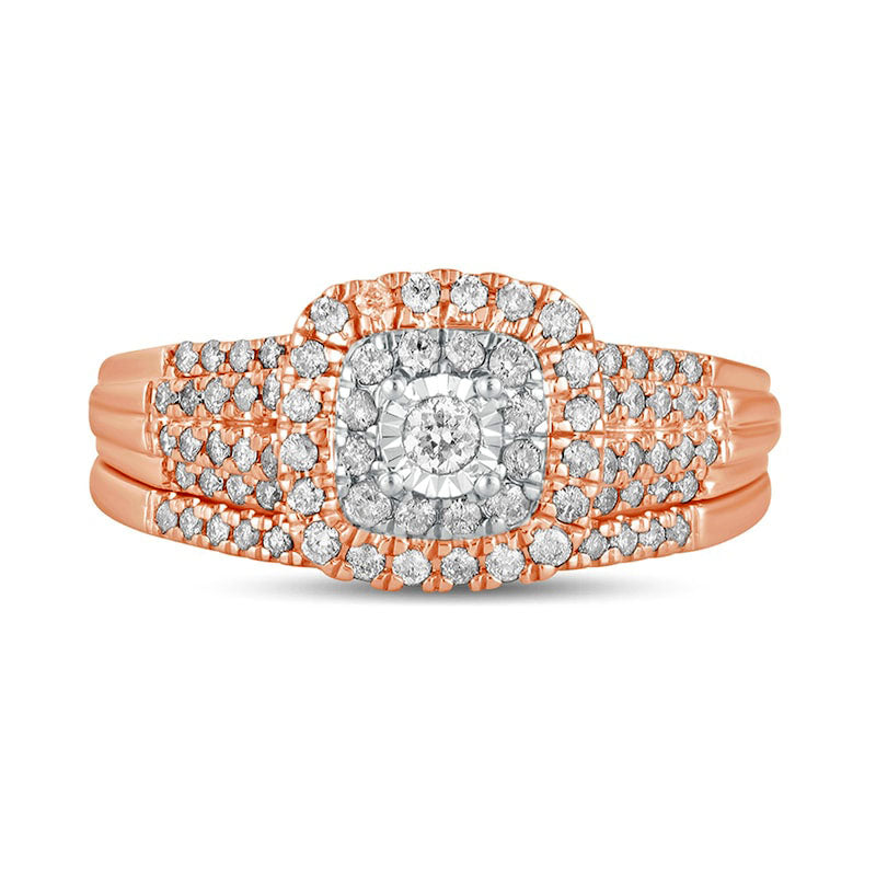 0.50 CT. T.W. Natural Diamond Double Cushion-Shaped Multi-Row Bridal Engagement Ring Set in Solid 10K Rose Gold