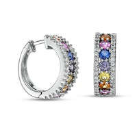 3.0mm Multi color Lab-Created Sapphire and White Lab-Created Sapphire Border Huggie Hoop Earrings in Sterling Silver