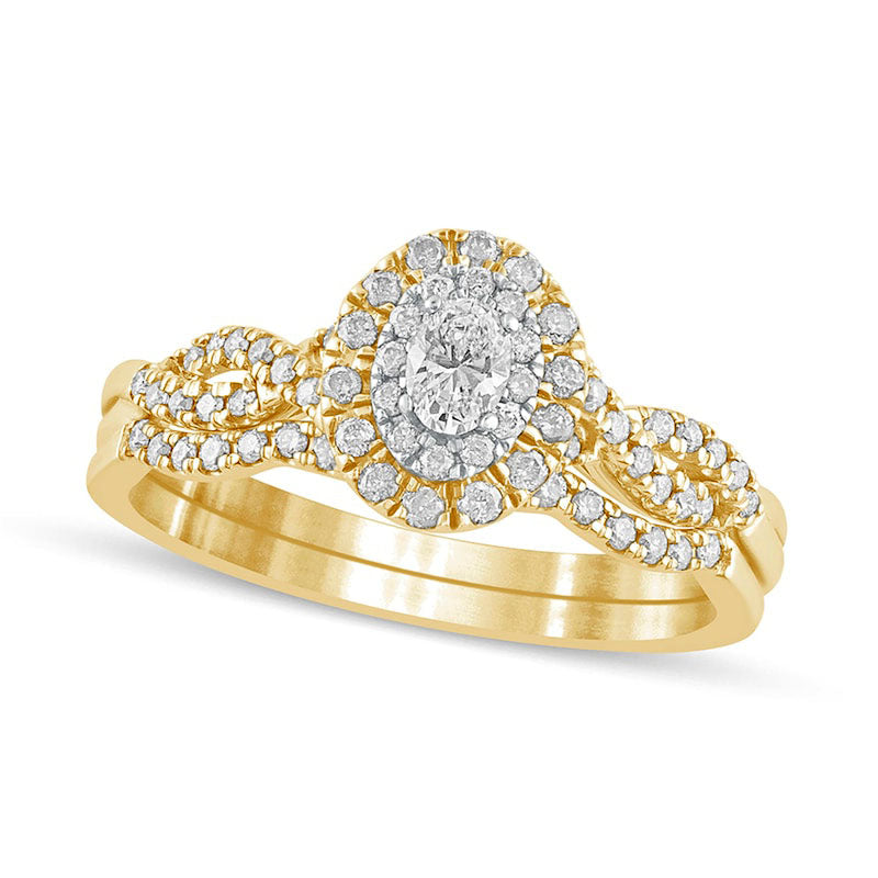 0.50 CT. T.W. Oval Natural Diamond Double Frame Multi-Row Bridal Engagement Ring Set in Solid 10K Yellow Gold