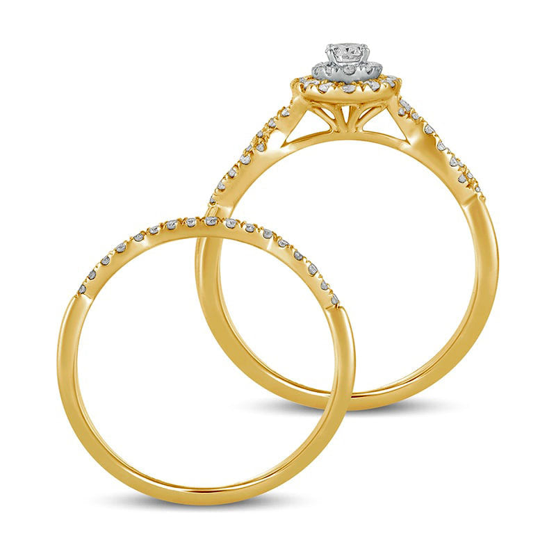 0.50 CT. T.W. Oval Natural Diamond Double Frame Multi-Row Bridal Engagement Ring Set in Solid 10K Yellow Gold