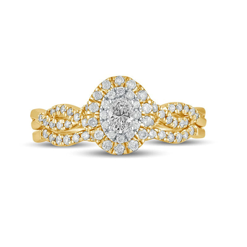 0.50 CT. T.W. Oval Natural Diamond Double Frame Multi-Row Bridal Engagement Ring Set in Solid 10K Yellow Gold