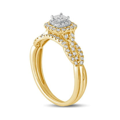 0.50 CT. T.W. Princess-Cut Natural Diamond Double Cushion-Shaped Frame Multi-Row Bridal Engagement Ring Set in Solid 10K Yellow Gold