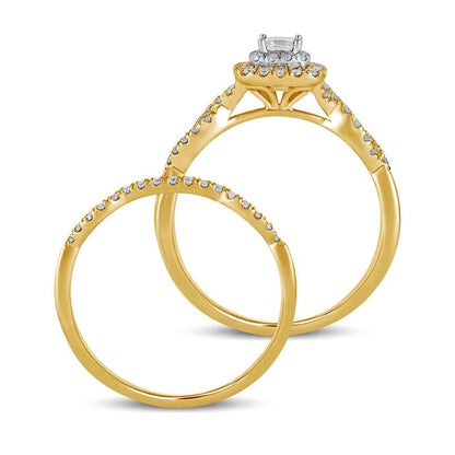 0.50 CT. T.W. Princess-Cut Natural Diamond Double Cushion-Shaped Frame Multi-Row Bridal Engagement Ring Set in Solid 10K Yellow Gold