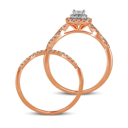 0.50 CT. T.W. Princess-Cut Natural Diamond Double Cushion-Shaped Frame Multi-Row Bridal Engagement Ring Set in Solid 10K Rose Gold