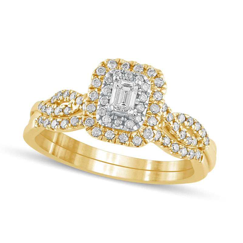 0.50 CT. T.W. Emerald-Cut Natural Diamond Double Frame Multi-Row Bridal Engagement Ring Set in Solid 10K Yellow Gold