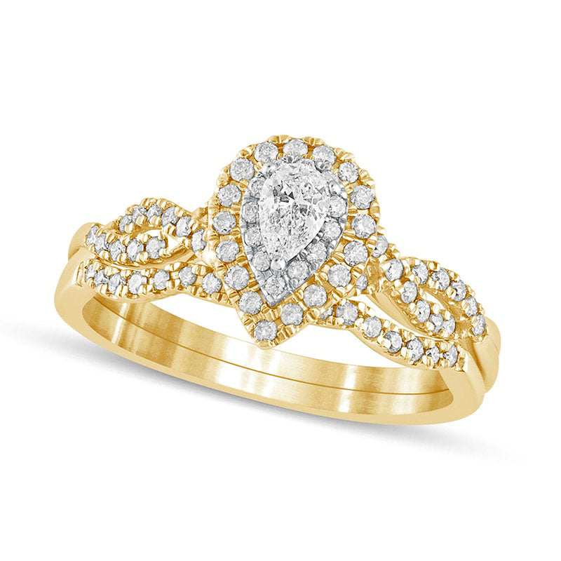 0.50 CT. T.W. Pear-Shaped Natural Diamond Double Frame Multi-Row Bridal Engagement Ring Set in Solid 10K Yellow Gold