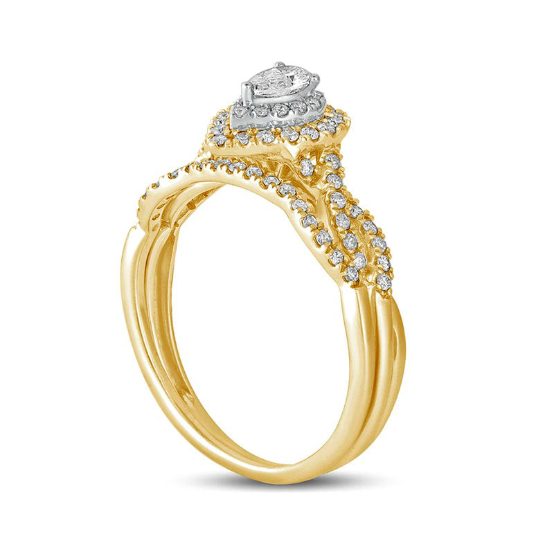 0.50 CT. T.W. Pear-Shaped Natural Diamond Double Frame Multi-Row Bridal Engagement Ring Set in Solid 10K Yellow Gold