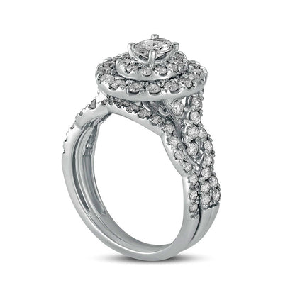 1.5 CT. T.W. Oval Natural Diamond Double Frame Multi-Row Bridal Engagement Ring Set in Solid 10K White Gold