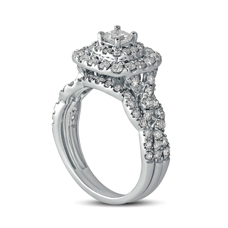 1.5 CT. T.W. Princess-Cut Natural Diamond Double Frame Multi-Row Bridal Engagement Ring Set in Solid 10K White Gold