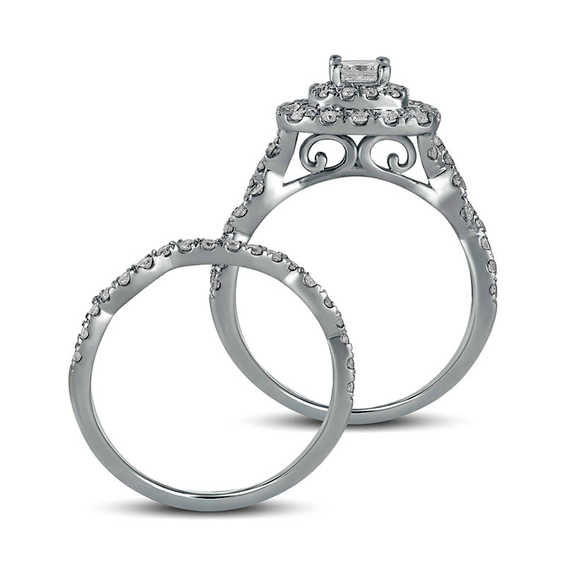 1.5 CT. T.W. Princess-Cut Natural Diamond Double Frame Multi-Row Bridal Engagement Ring Set in Solid 10K White Gold