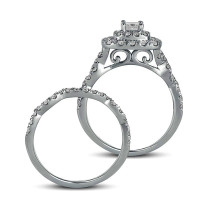 1.5 CT. T.W. Princess-Cut Natural Diamond Double Frame Multi-Row Bridal Engagement Ring Set in Solid 10K White Gold