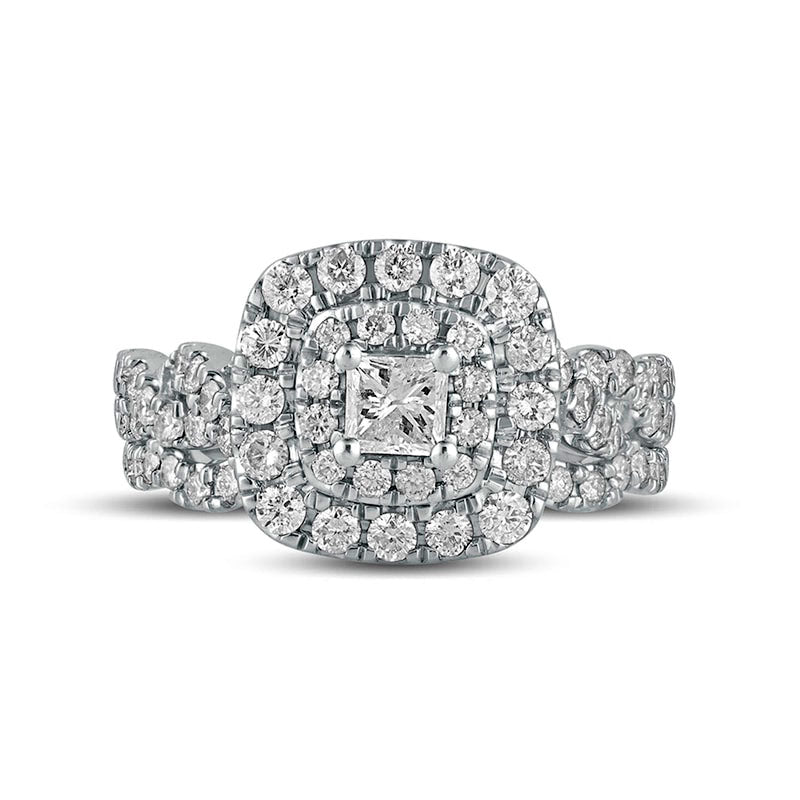 1.5 CT. T.W. Princess-Cut Natural Diamond Double Frame Multi-Row Bridal Engagement Ring Set in Solid 10K White Gold