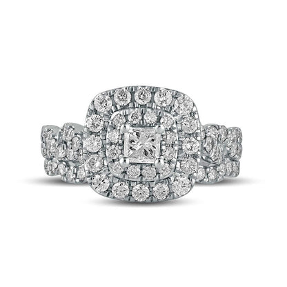 1.5 CT. T.W. Princess-Cut Natural Diamond Double Frame Multi-Row Bridal Engagement Ring Set in Solid 10K White Gold