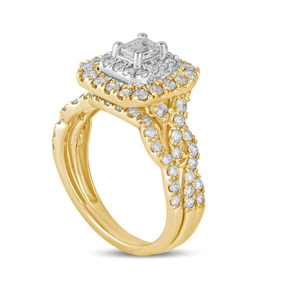 1.5 CT. T.W. Emerald-Cut Natural Diamond Double Frame Multi-Row Bridal Engagement Ring Set in Solid 10K Yellow Gold