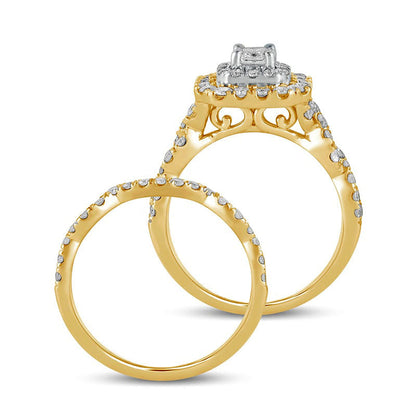 1.5 CT. T.W. Emerald-Cut Natural Diamond Double Frame Multi-Row Bridal Engagement Ring Set in Solid 10K Yellow Gold