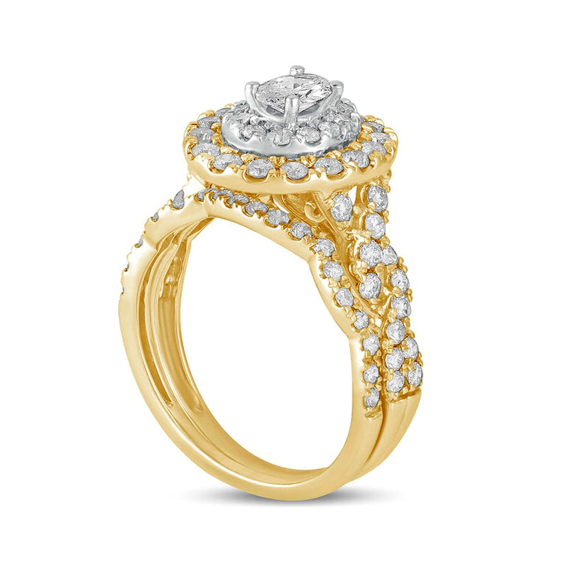 1.5 CT. T.W. Oval Natural Diamond Double Frame Multi-Row Bridal Engagement Ring Set in Solid 10K Yellow Gold