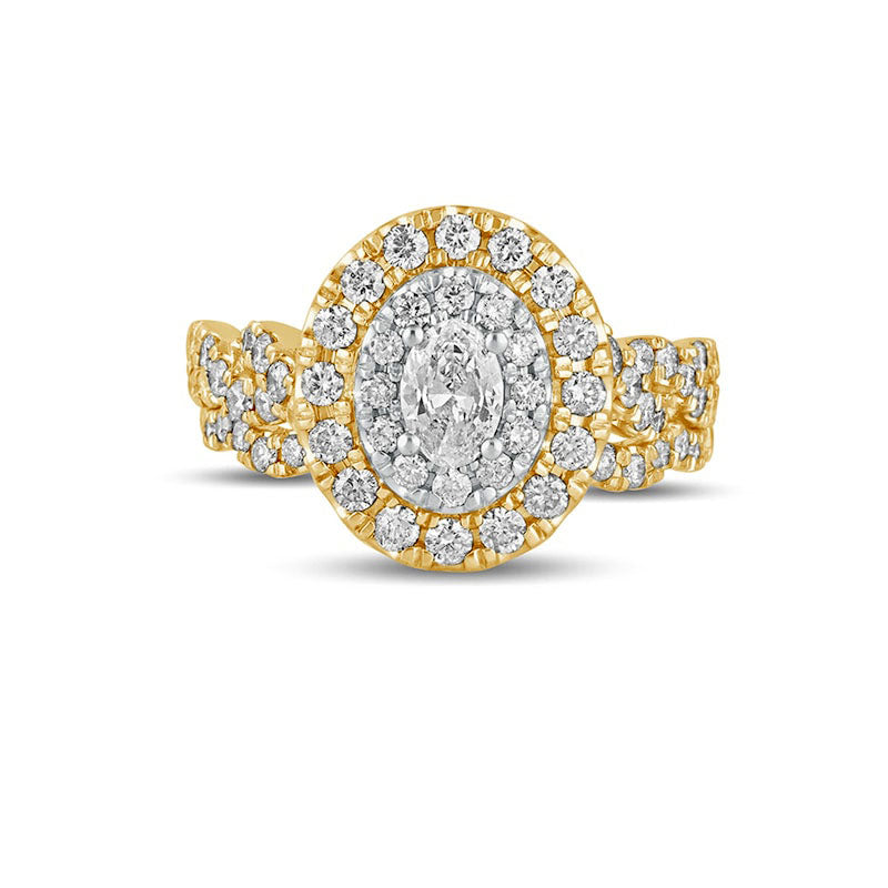 1.5 CT. T.W. Oval Natural Diamond Double Frame Multi-Row Bridal Engagement Ring Set in Solid 10K Yellow Gold