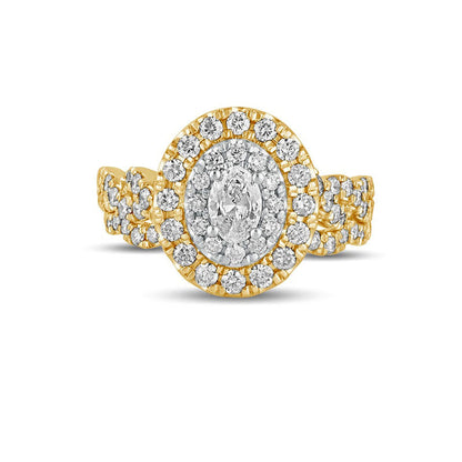 1.5 CT. T.W. Oval Natural Diamond Double Frame Multi-Row Bridal Engagement Ring Set in Solid 10K Yellow Gold