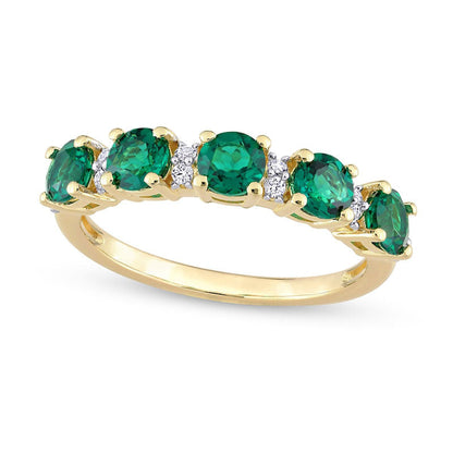 Lab-Created Emerald and White Lab-Created Sapphire Five Stone Duo Stackable Band in Sterling Silver with Yellow Rhodium