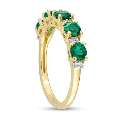 Lab-Created Emerald and White Lab-Created Sapphire Five Stone Duo Stackable Band in Sterling Silver with Yellow Rhodium