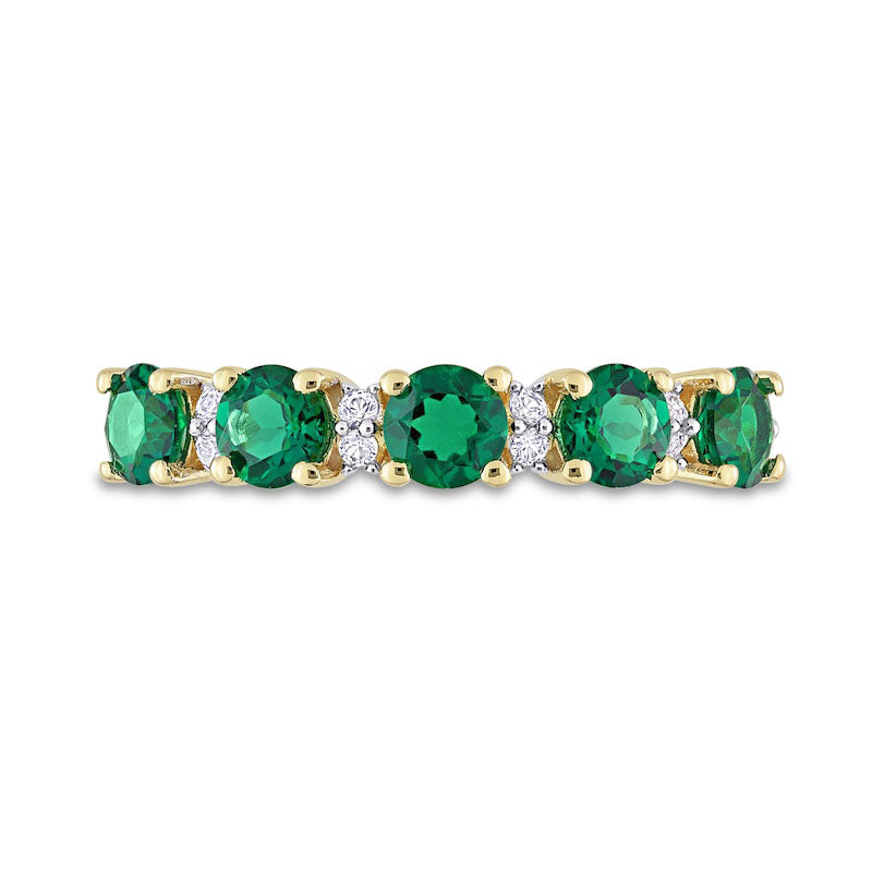 Lab-Created Emerald and White Lab-Created Sapphire Five Stone Duo Stackable Band in Sterling Silver with Yellow Rhodium