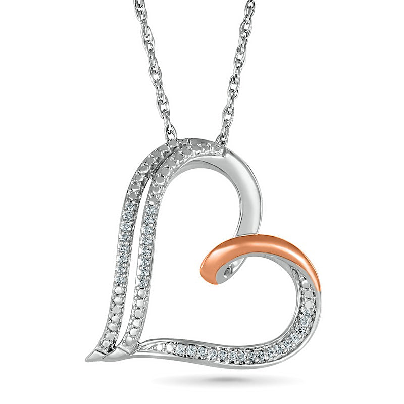 0.07 CT. T.W. Natural Diamond Double Row Heart Pendant in Sterling Silver and 10K Rose Gold