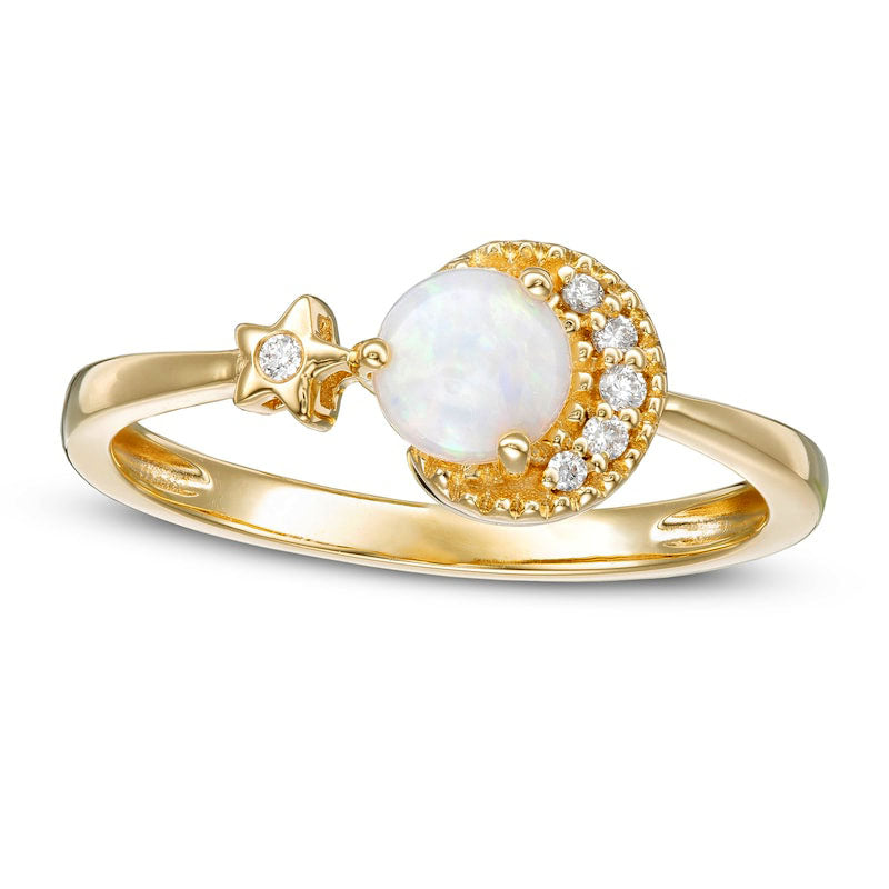 5.0mm Opal and 0.05 CT. T.W. Natural Diamond Crescent Moon and Star Ring in Solid 10K Yellow Gold