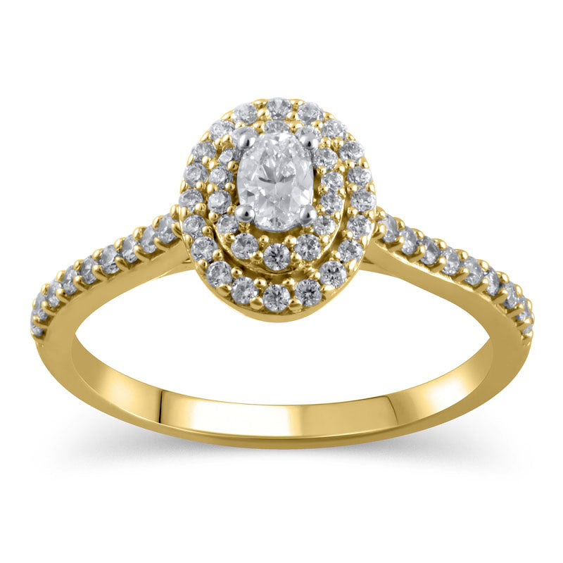 0.50 CT. T.W. Oval Natural Diamond Double Frame Engagement Ring in Solid 10K Yellow Gold