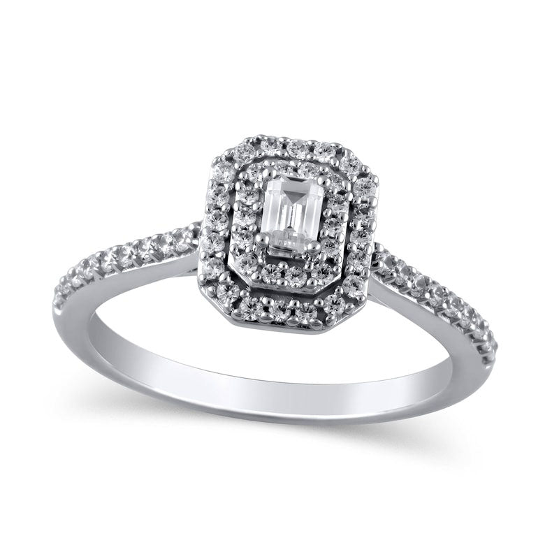 0.50 CT. T.W. Emerald-Cut Natural Diamond Double Octagonal Frame Engagement Ring in Solid 10K White Gold