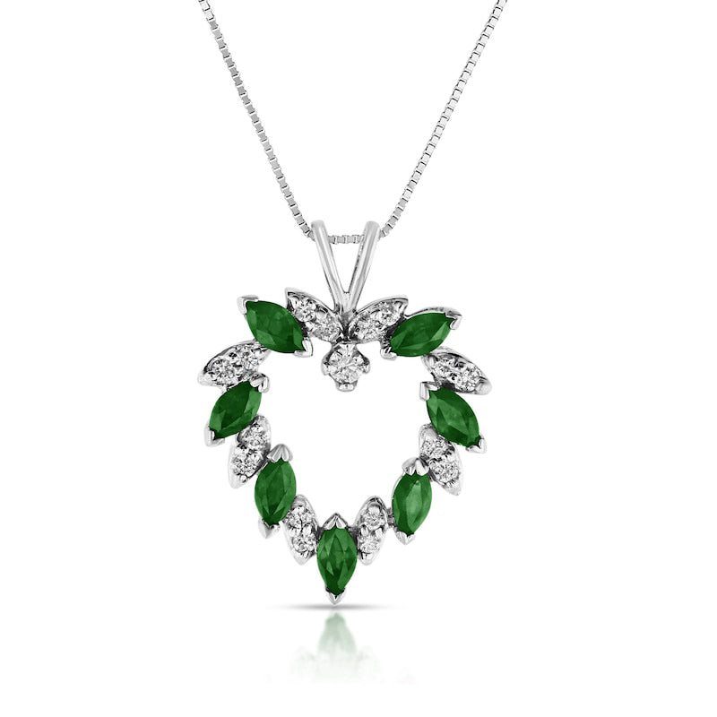 Marquise Emerald and 0.2 CT. T.W. Natural Diamond Leaf Alternating Wreath Heart Pendant in 14K White Gold