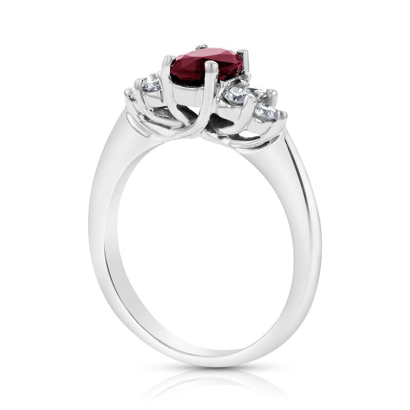 Oval Ruby and 0.33 CT. T.W. Natural Diamond Tri-Sides Engagement Ring in Solid 14K White Gold