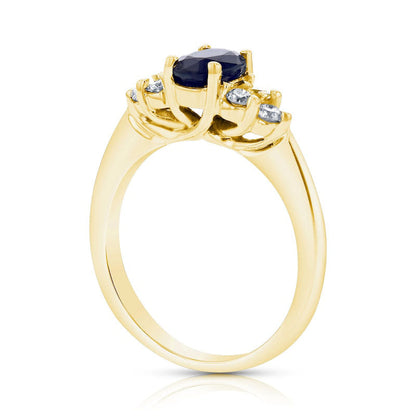 Oval Blue Sapphire and 0.33 CT. T.W. Natural Diamond Tri-Sides Engagement Ring in Solid 14K Gold