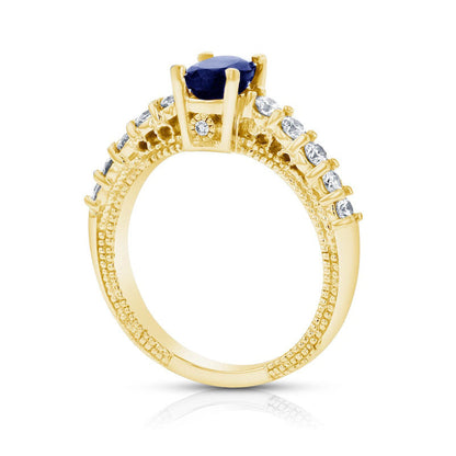 Oval Blue Sapphire and 0.50 CT. T.W. Natural Diamond Antique Vintage-Style Engagement Ring in Solid 14K Gold