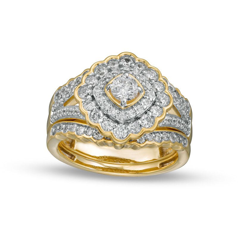 1.25 CT. T.W. Natural Diamond Double Tilted Frame Scallop Edge Three Piece Bridal Engagement Ring Set in Solid 10K Yellow Gold